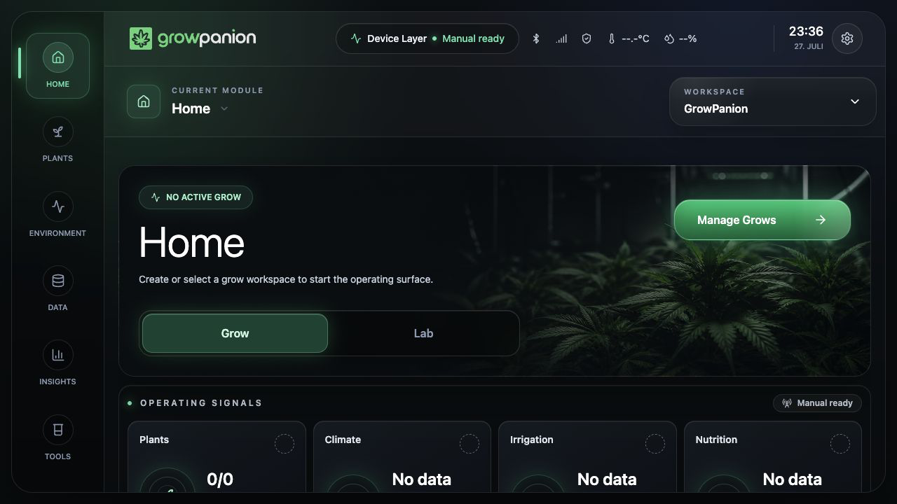 Empty GrowPanion screen with Grow and Lab modes and modules for operating signals